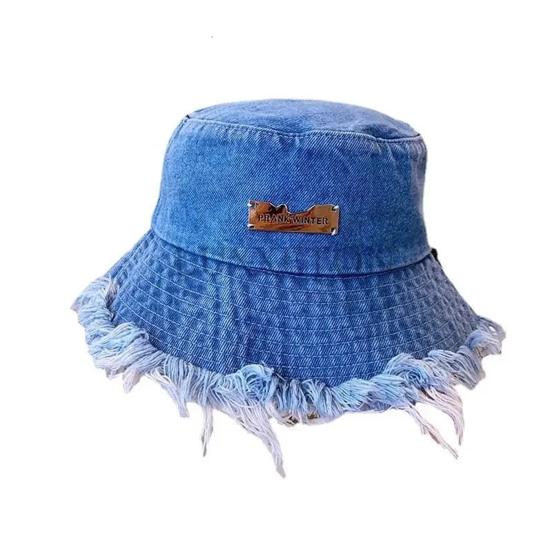 Summer unisex tassel washed denim bucket hat for women fashionable wide brown foldable Panama hat outdoor beach fisherman hat 250409