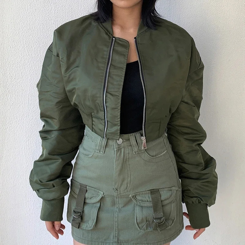 High waisted cut flight jacket for womens spring and autumn long sleeved folding zipper jacket casual loose bomber jacket 250410