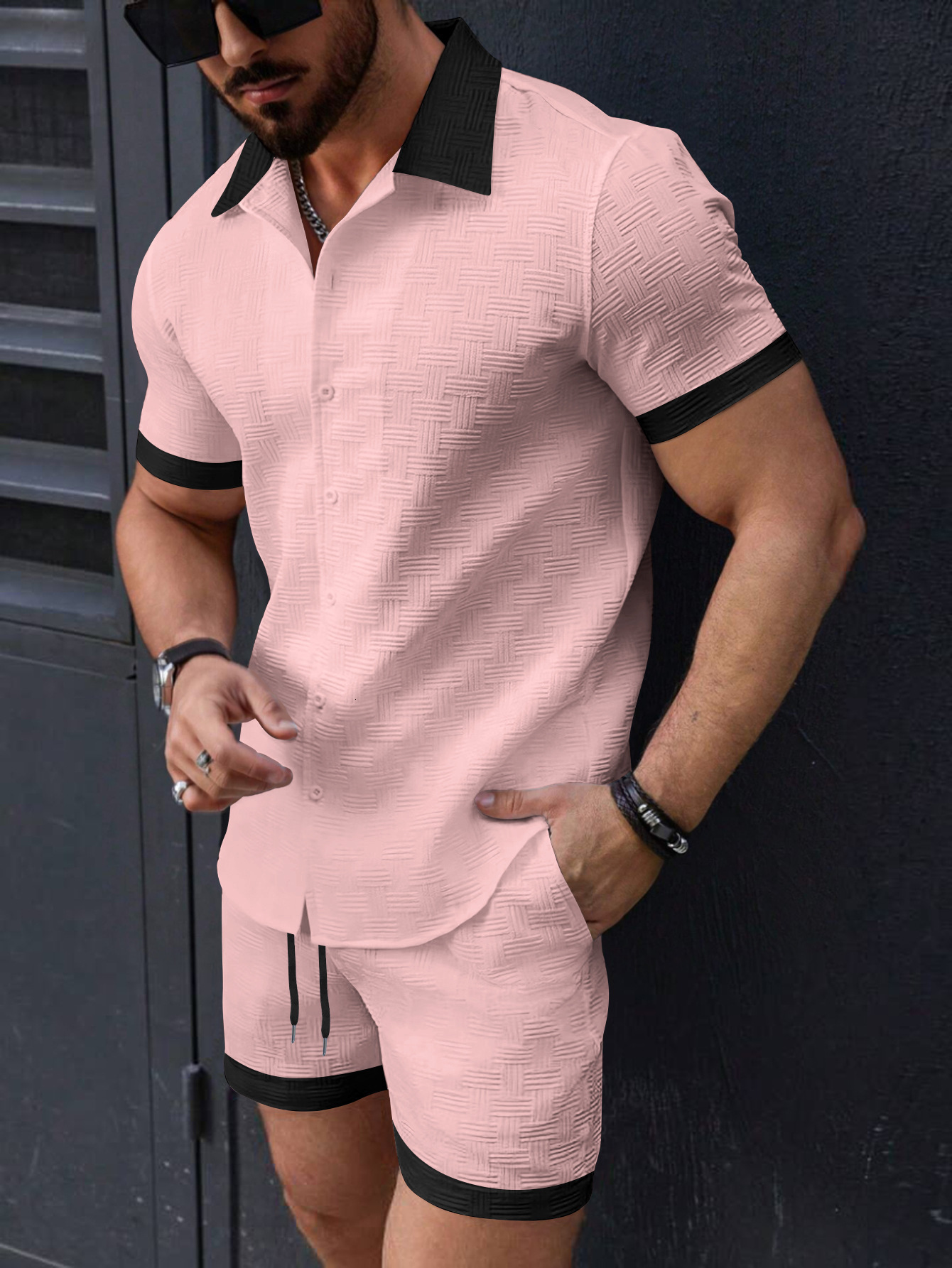 Summer mens shirt casual breathable color blocked short sleeved shorts beach set