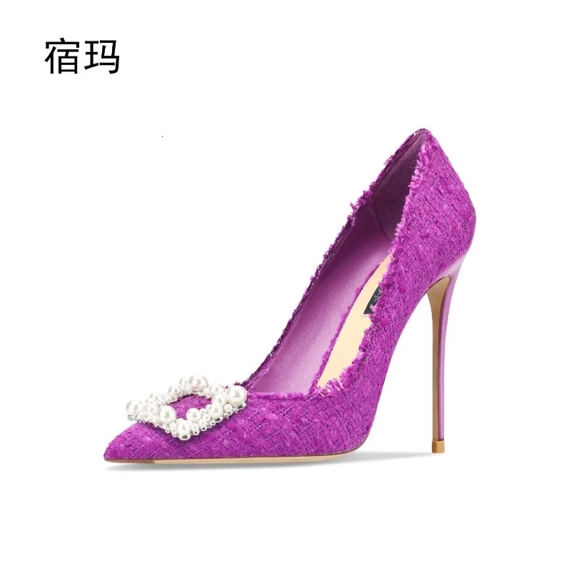 Square buckle rhinestone pearl black woven high heels for women 2025 pointed thin heel versatile and sexy single heel shoes 251111 - view 7