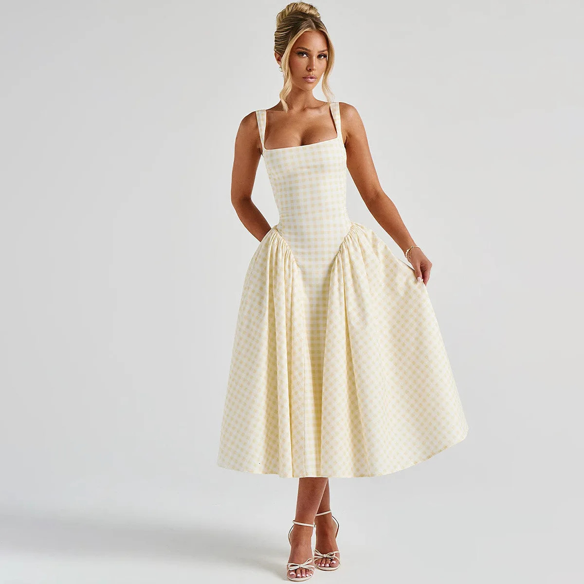 Avrilyan Plaid Printed Spaghetti Strap Sexy A-line Dress for Women Elegant Summer Dress No Back Party Midi Dress Vestidos 250415