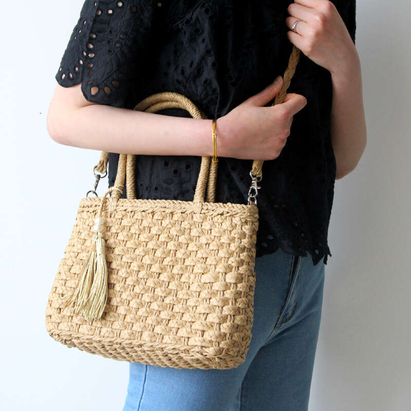 Handmade Beach Bag New Pearl Tassel Woven Hand-Held Diagonal Fashion Women's Beach Bag, Paper Rope Three Strand Braided Bag Kq2