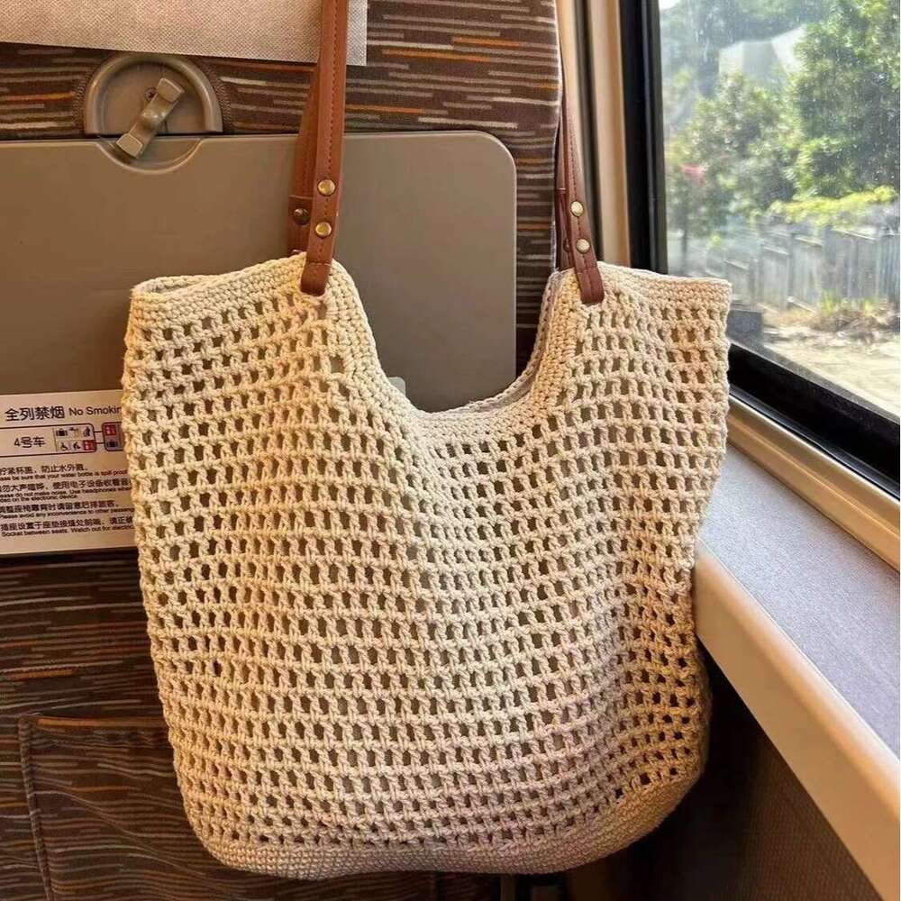 Handmade Beach Bag Leisure High-Capacity Single Shoulder Cotton Woven New Hollow Mesh Tote Seaside Vacation Beach Bag, Women's Bag Kq2
