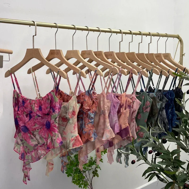 s Sweet Ruffles Mesh Camisole Top Lady Camis Sleeveless Printed Floral T shirts Stretch Slim Tanks For Slim Women 250415