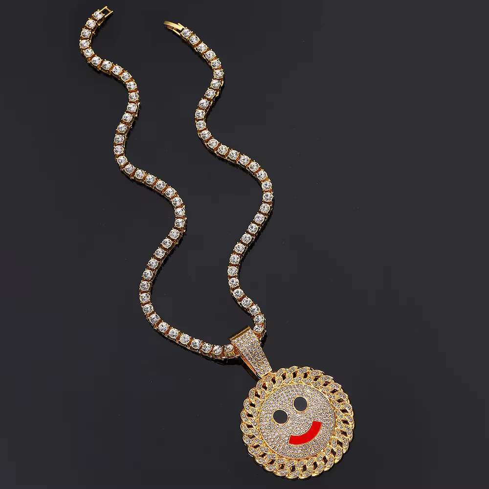 DHcollection Men's Hip Hop Alloy Tennis Chain Necklace and Full Bg CZ Smile Pendant Choker