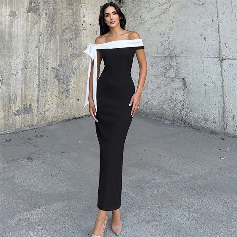 Women's Wear Spring New Women's Elegant Stylish One Shoulder Strap With Color Blocked Slimming And Slimming Dress