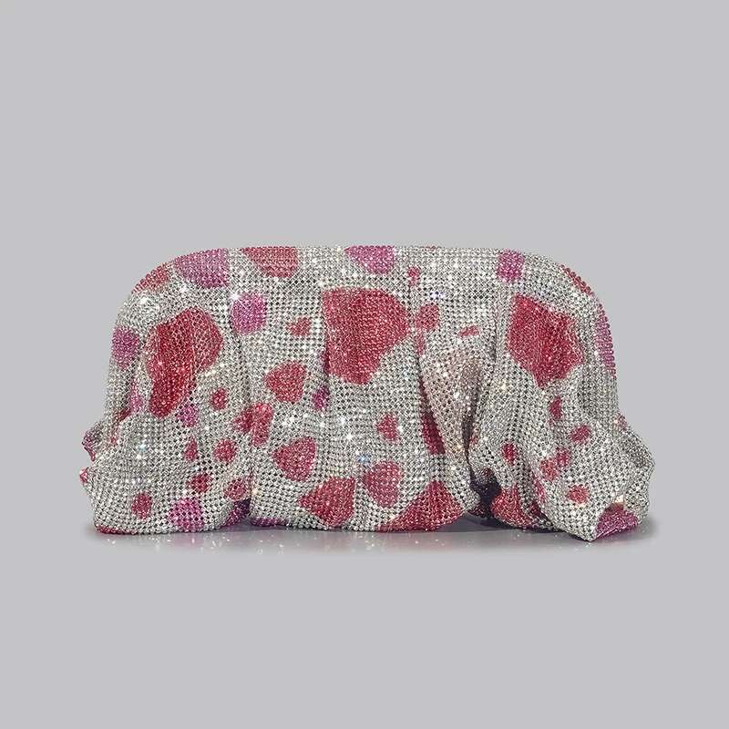 Shinny Ruched Rhie Clucth For Women Designer Gradient Love Hearts Pattern Evening Bag Fashion Party Female Purse 2023