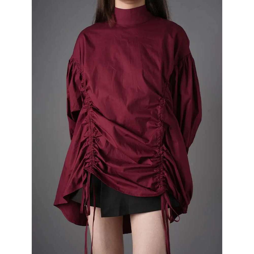 EAM Women Irregular Drawstring Big Size White Blouse New Stand Collar Long Sleeve Shirt Fashion Tide Spring Autumn 2025 1Z189