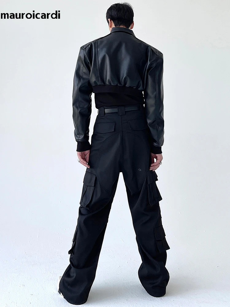 Mauroicardi Spring Autumn Cropped Pu Leather Jacket Men Long Sleeve Zipper er Clothes Runway European Fashion 250409