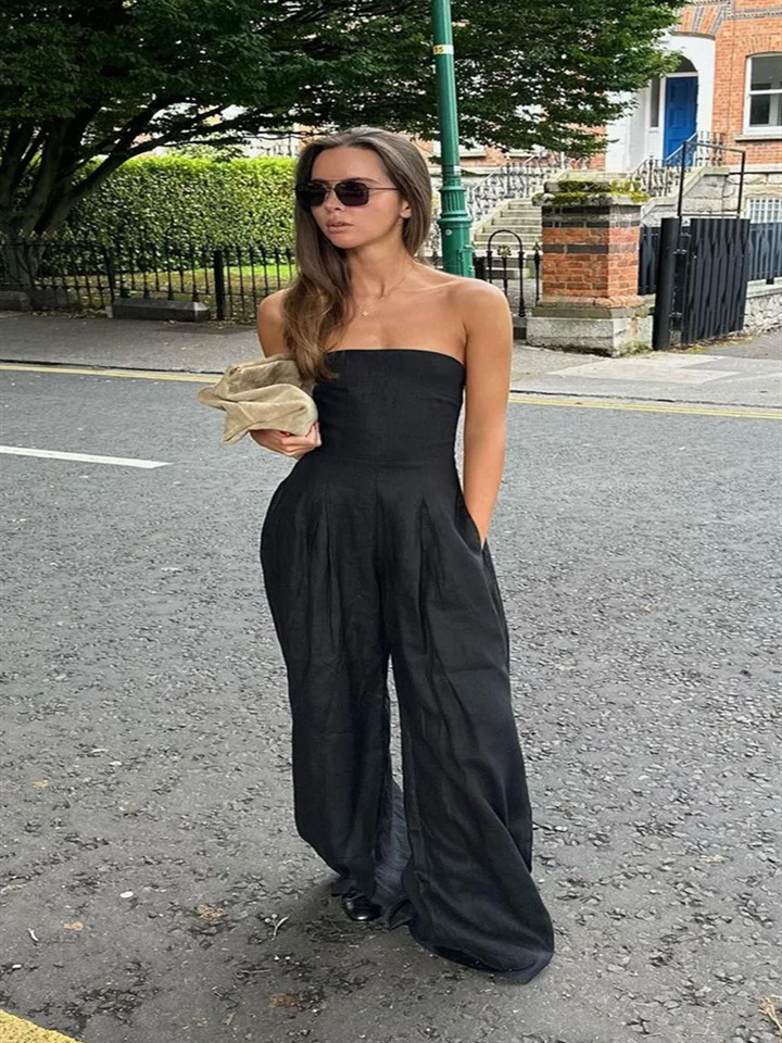 Solid Backless Womens Jumpsuit Solid Off Shoulder Waist Cinching Pockets Wide Leg Pants Lady Bodysuit Summer Female Outwears 250415