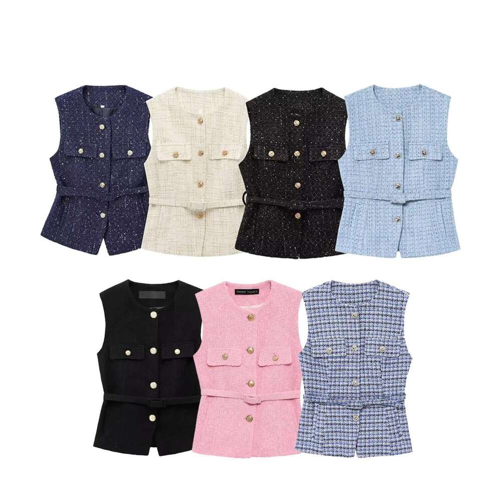 TRAFZA 2025 Woman Button Pockets Decoration Casual Slim Waistcoat Women Chic O-Neck Sleeveless Texture Vest Top Mujer