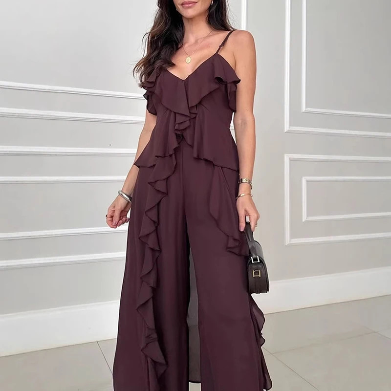 Tempered solid V-neck suspension top and wide leg pants set for womens elegant solid pleated two-piece clothing womens chiffon set 250415