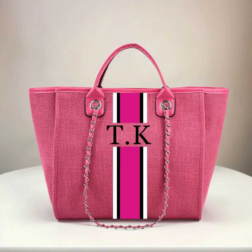 Personalized Monogram Tote Bag Customised Chain Handbag White Stripe Initials Beach Holiday Canvas Tote Womens BagW251115