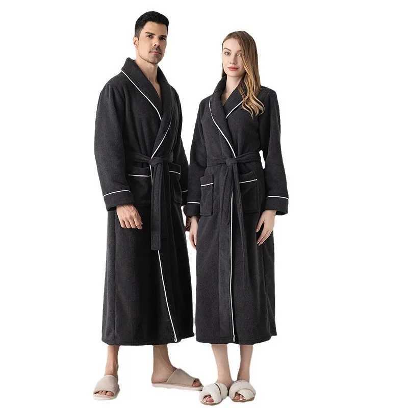 Casual Robe Men Couple Sleepwear Bathrobe Fleece Winter Night Wears Belt Warm Pajama One Piece Nightgown Solid Pocket Homewear C251115