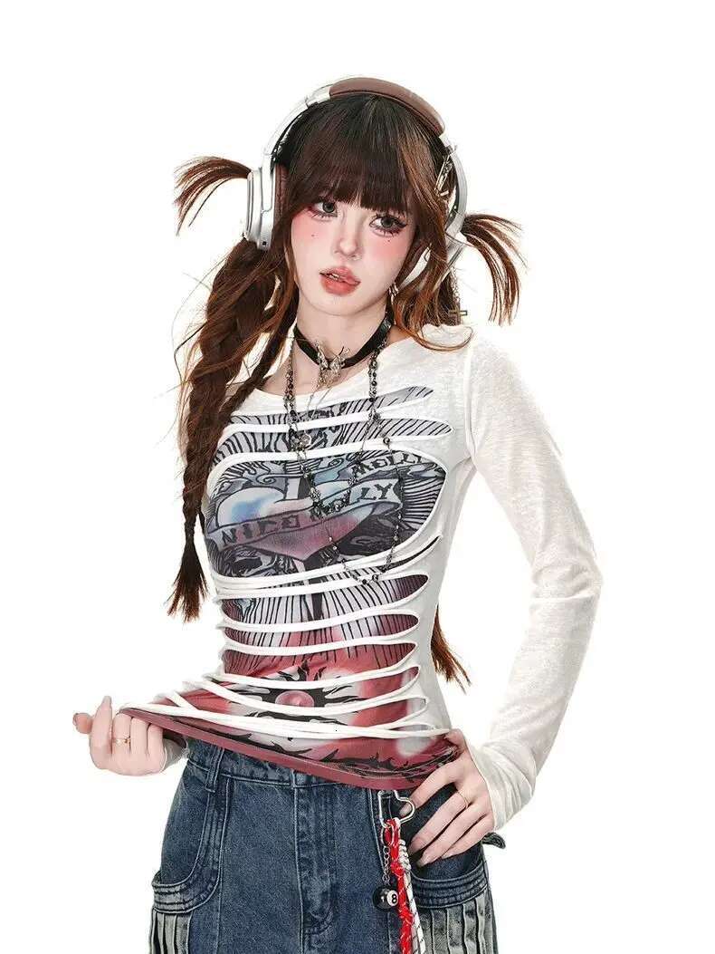 American Retro Street Non-mainstream Double-layer Three-dimensional Ripped Hole Decoration Hot Girl T-shirt Women Slim Waist Top