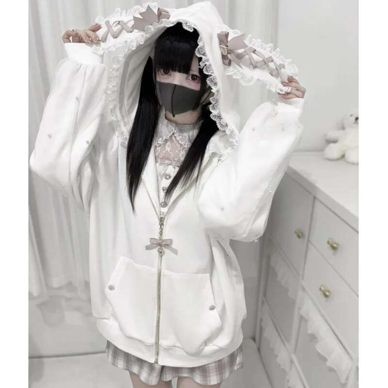 Bunny Hoodies Y2k Rabbit Ear Hoodie Lolita Jacket Bow Girls Pearl JK Japan Lace Kawaii Zipper Cardigan Long Sleeved Top