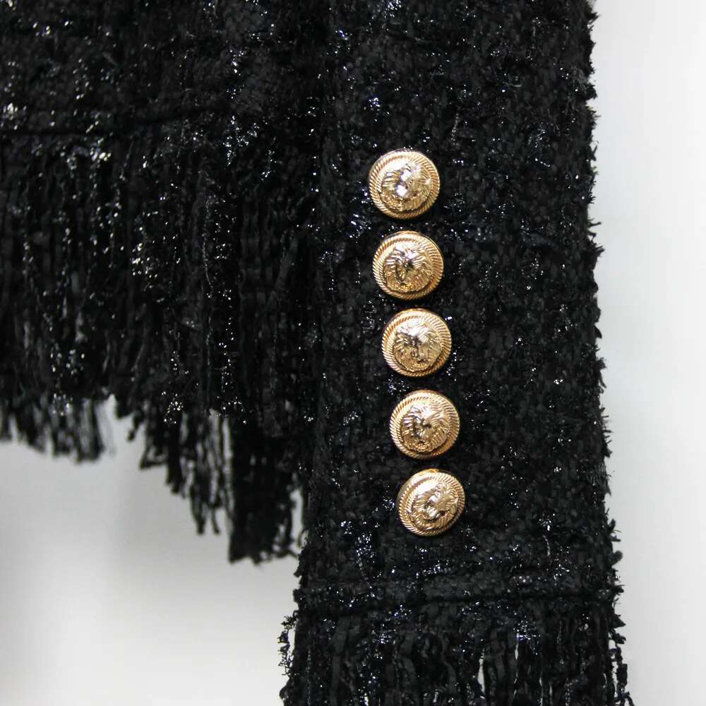 2024 Spring Autumn Black Tweed Edging Cardigans Long Sleeves Collarless Sweater Ladies Gold Buttons Tops Women