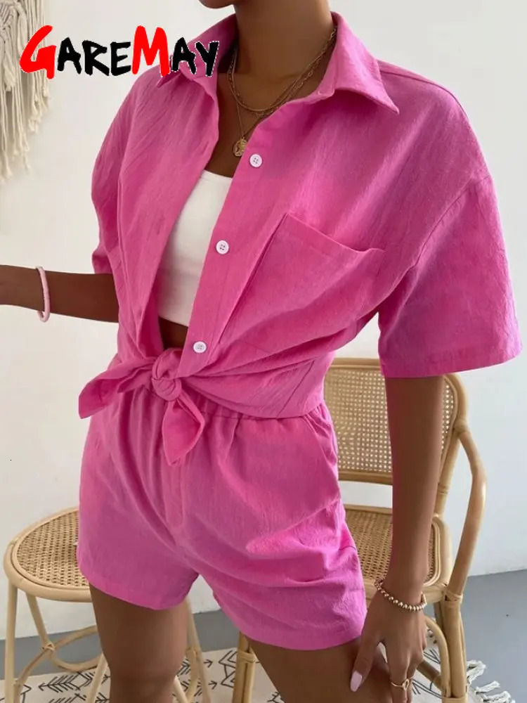 Womens Cotton Suit Short Sleeve Casual Elegant Green Soild Two Piece Set Women Outfit Suit Shorts and Shirt for Women 250415