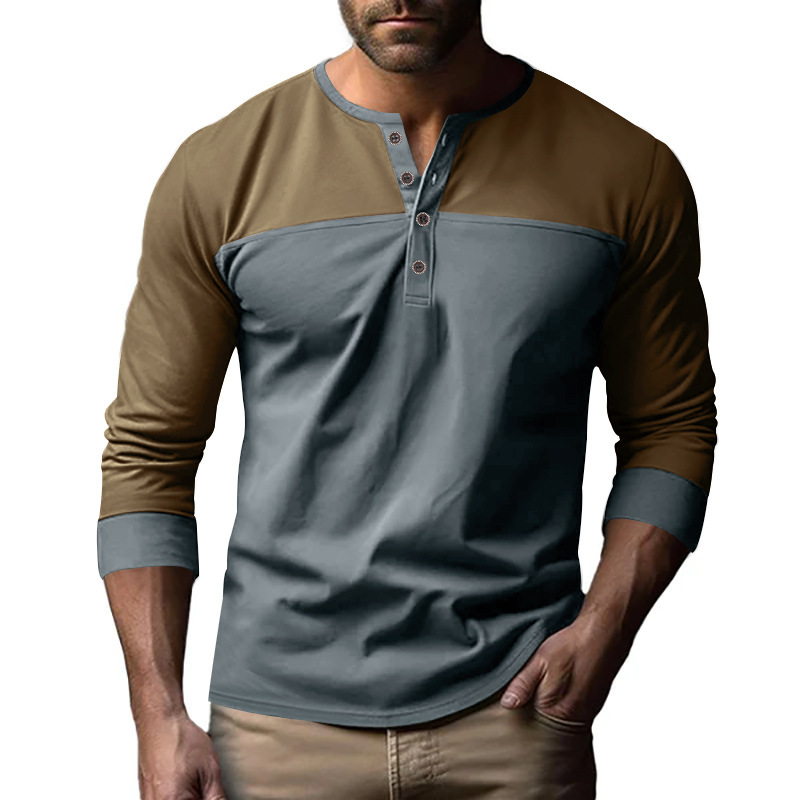 2025 autumn new long sleeved with color blocked Henry collar base men's t-shirt