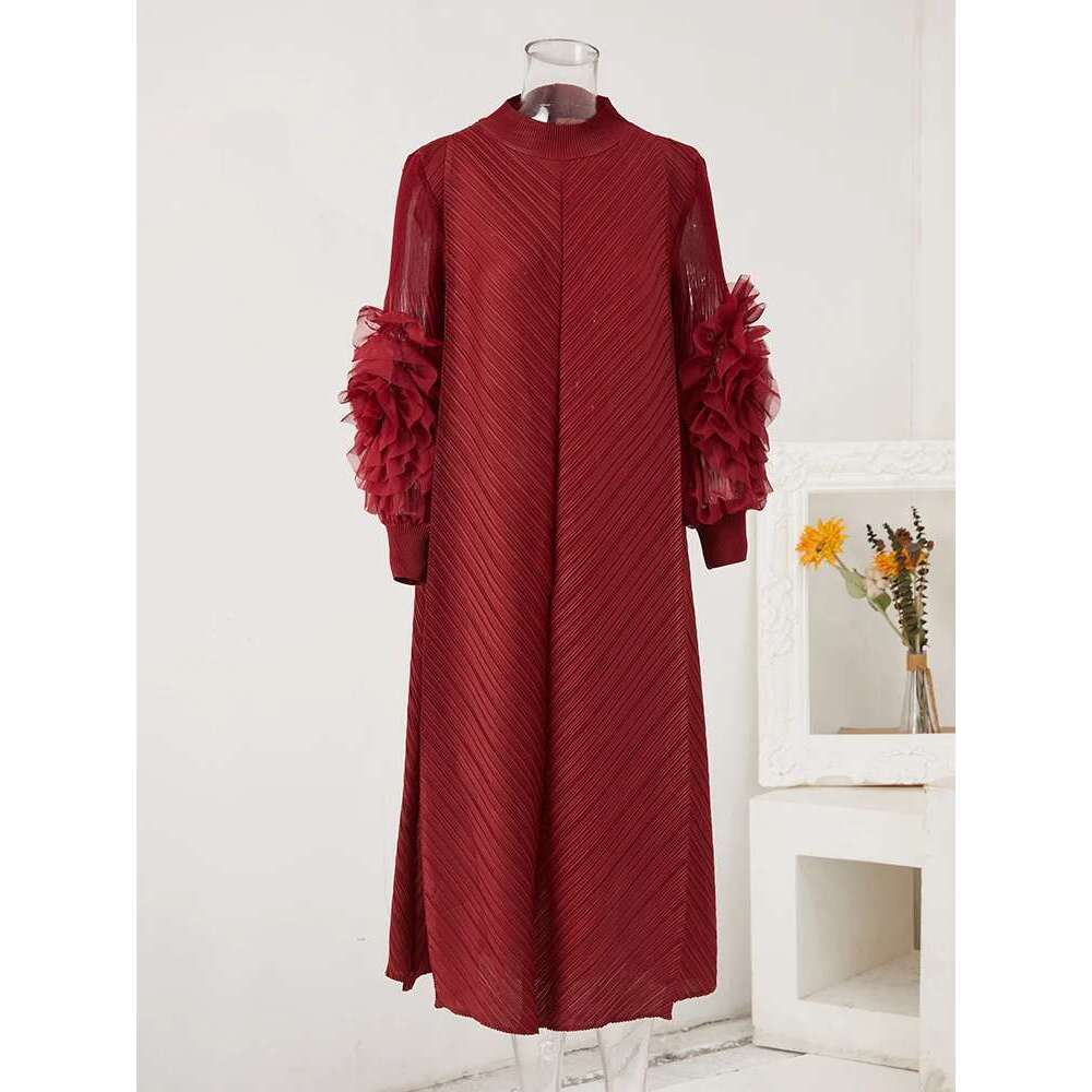LANMREM Maxi Pleated Dress Round Neck Spliced Fungus Full Sleeve Dresses For Women 2025 New Spring Clothing 2Qa1331