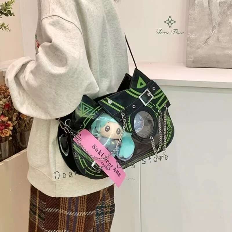 Y2k Kawaii Cat Ita Cute PU Shoulder Girls Transparent Pocket Haruku Crossbody Bag Women's Fashion DIY Display Backpack