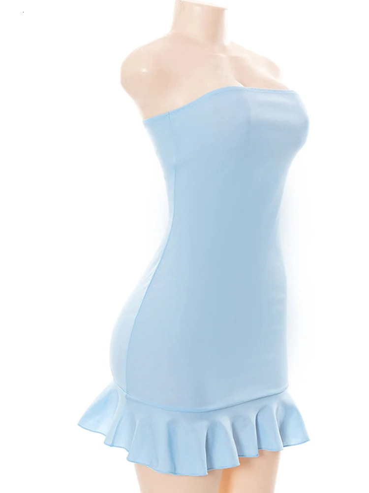 Womens Slight Blue Strapless Wrap Mini Dress Soft Tender Pleated Hipster Pullover Sexy Charm Outfit for s Date Wear 250415