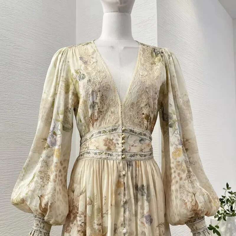 En Silk 2024 Gala Attractive Elegant Long Lantern Sleeve Lace Patchwork Deep V-Neck Dias Women Midi Prom Dresses