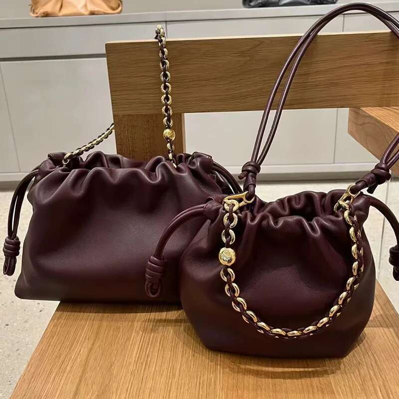 Chain Drawstring Handbags For Women Design Cloud Shoulder Genuine Leather Soft Dumpg Bucket Bag Elegant Purse Lady