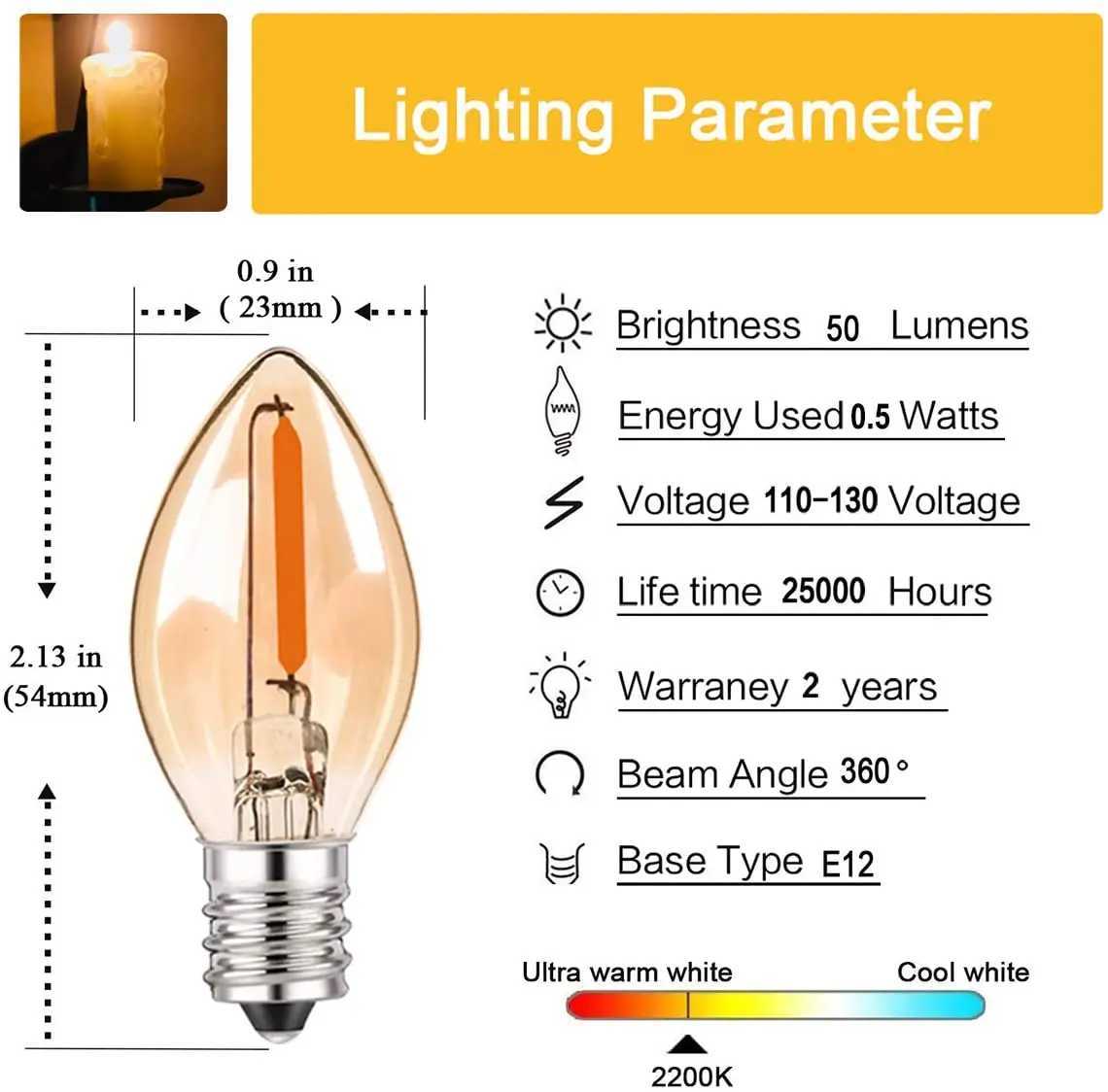 LED Night Light Bulbs C7 Chandelier E12 E14 Base Decorative Light Bulbs 05 Watts Party Small Candle mini Bulb 2200K Amber Glass C251115