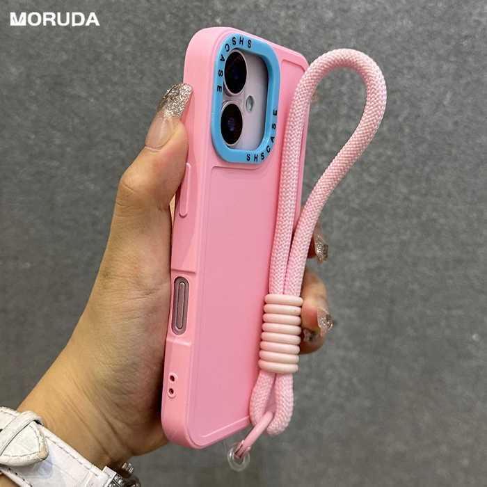 Candy Color Contrast Wrist Strap Case for iPhone 16 15 14 13 17 Pro Max 16 Plus 12 11 17 Air With Lanyard Soft Silicone Cover J251202