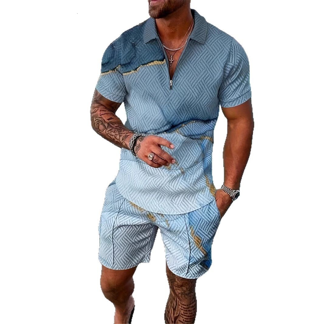 Summer mens 3D printed polo shirt set with collar short sleeved pullover mens T-shirt+two-piece set