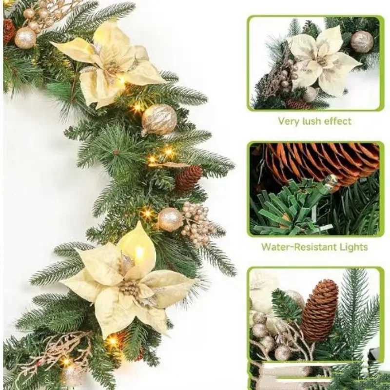 15/18/27m Christmas Rattan Christmas Ball Pinecone Garland With LED Light Festival Wreath For Fornt Door Christmas DecorationM251115