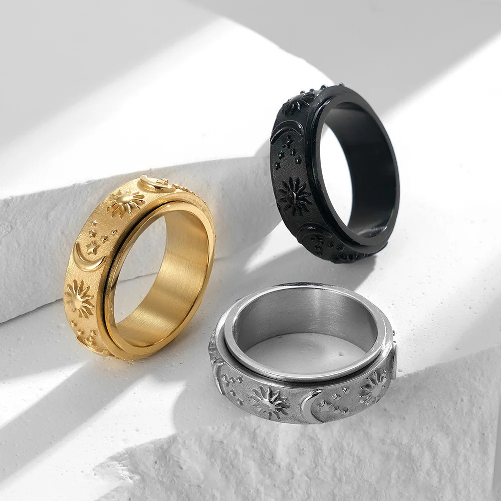 Spinner Ring with Stars Moon Sun Steel Rotating Fidget Jewelry for Anxiety Relief Stress Relief Gift for Men 251113