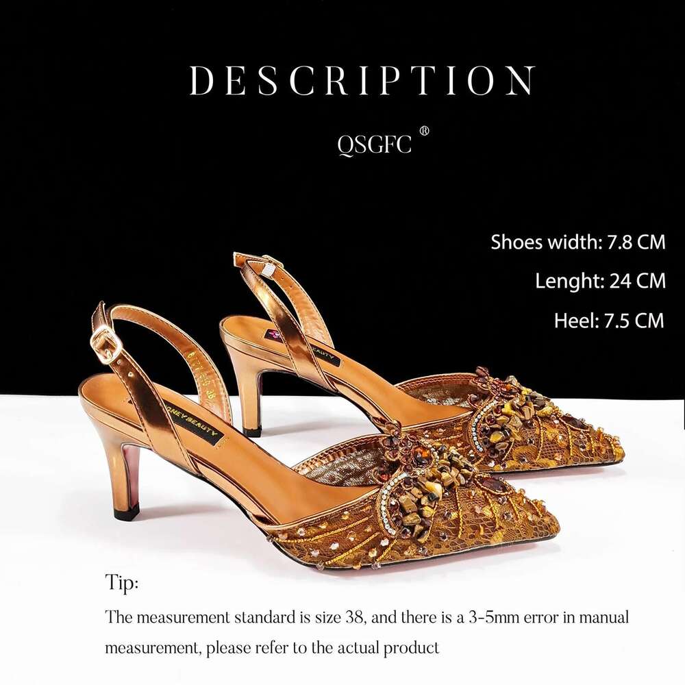 QSGFC Italian Design Rhies and Coral Stones Ladies Party High Heels Pointed Toe Coffee Color Women's Shoes