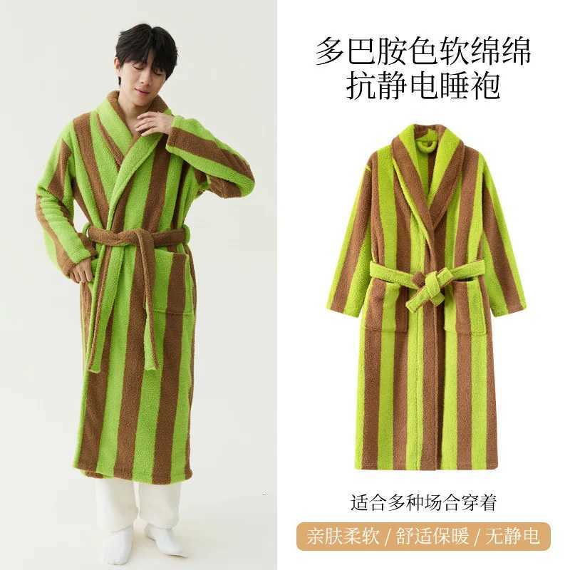 2025 New Autumn/Winter Womens Sleepwear Thick Velvet Warm Robe Couple Coral Velvet Striped Lengthed Home Clothes Bathrobe C251115