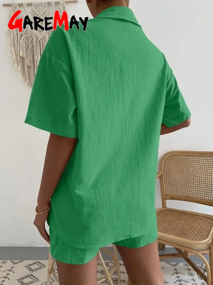 Womens Cotton Suit Short Sleeve Casual Elegant Green Soild Two Piece Set Women Outfit Suit Shorts and Shirt for Women 250415