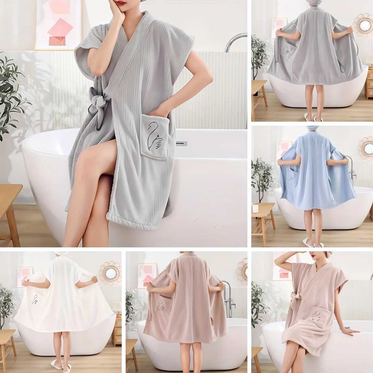 Coral Fleece Bath Robe Towel Wrap - Soft Absorbent Womens Home Hotel Spa Short Sleeve Bath Dress with Belt C251115