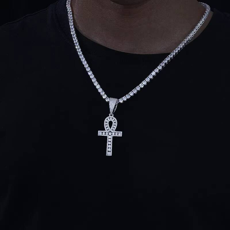 Dropshipping Religious Jewelry Bling 925 Sterling Silver VVS Moissanite Diamond Iced Out Ankh Cross Pendant With GRA Certificate