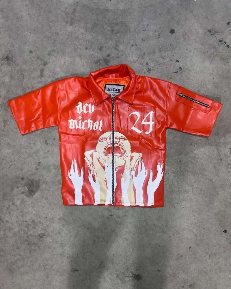 American New Letter Printed Hip-hop PU Short-sleeved Shirt Ladies Y2K Haruku Vintage Rock Casual Couple Sports Short Sleeves