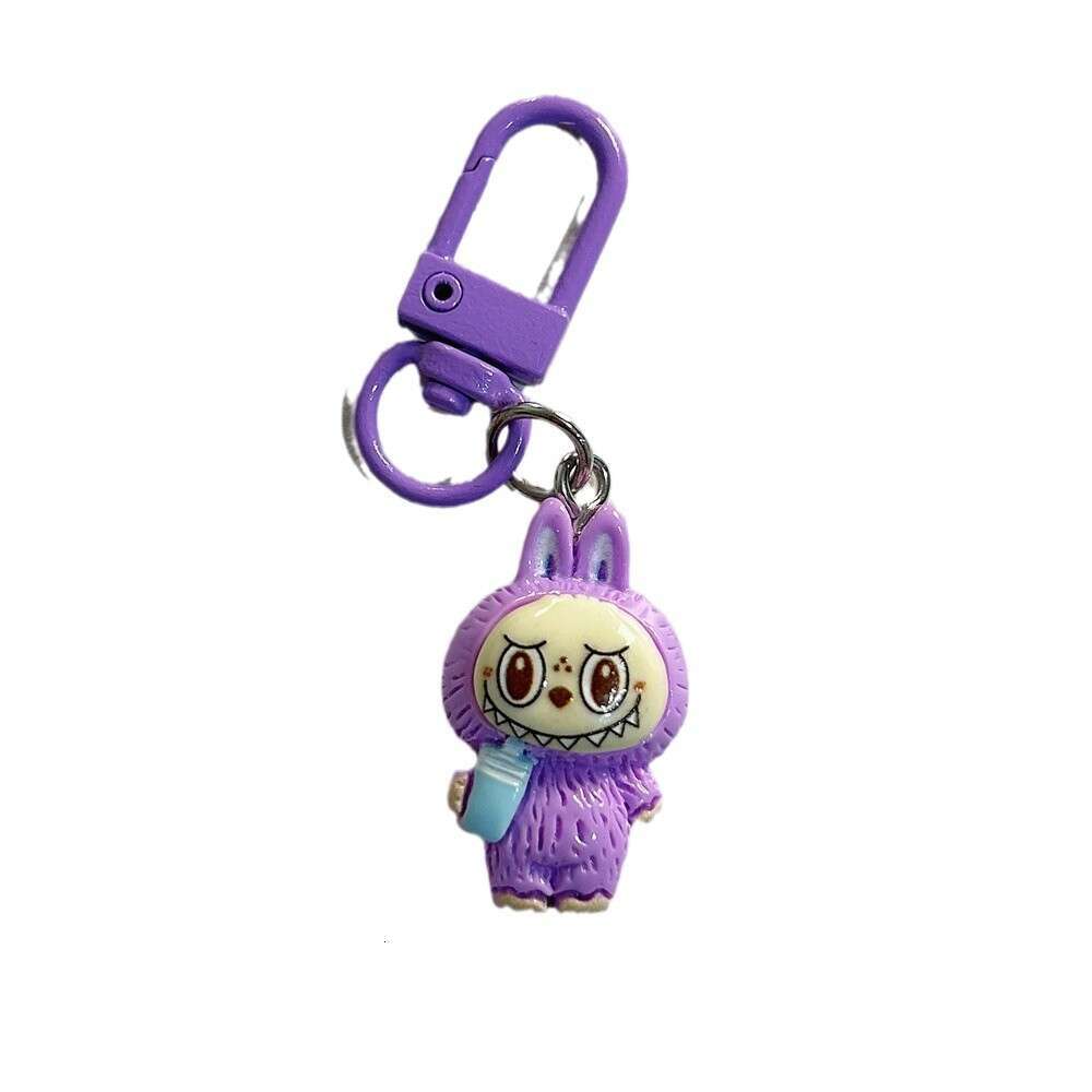 Cute Labubu Keychain on Drinking Milk Tea Cup - Colorful Cartoon Doll Pendant for Student Backpacks