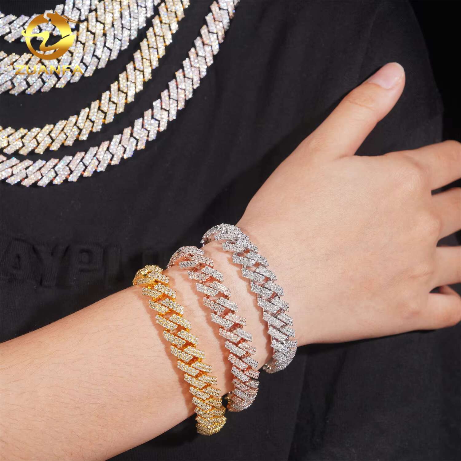 Ready Made Leading Factory Direct Sale 12mm Cuban Link Chain Moissanite 2 Row Prong Chain Pass Diamond Tester GRA Certification