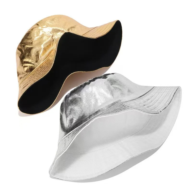 Artificial leather reversible bucket hat fashionable waterproof fishermans hat mens and womens gold and silver black fishing hat sun hat 250409