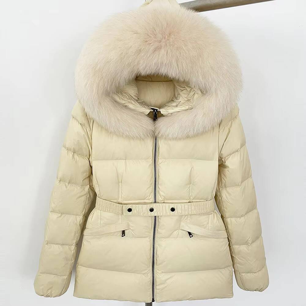 OFTBUY 2024 Womens Winter Jacket Natural White Duck Coat with Raccoon Fox Fur Collar Thick Warm Casual Outerwear Windproof Belt
