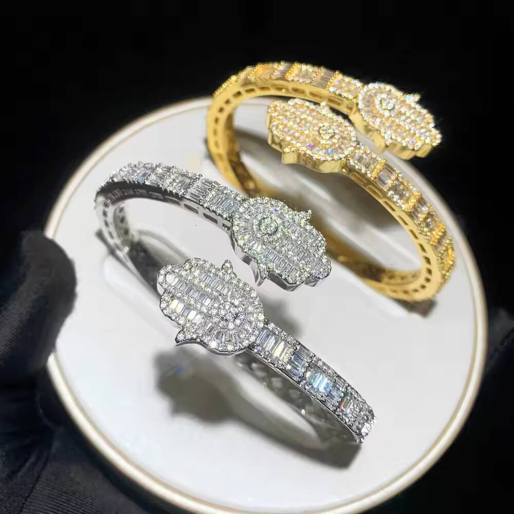 New Iced Out Bling Micro Pave 5A CZ Zircon Baguette Diamond Hamsa Hand Openning Bangle for Men Women Hip Hop Luxury Jewelry