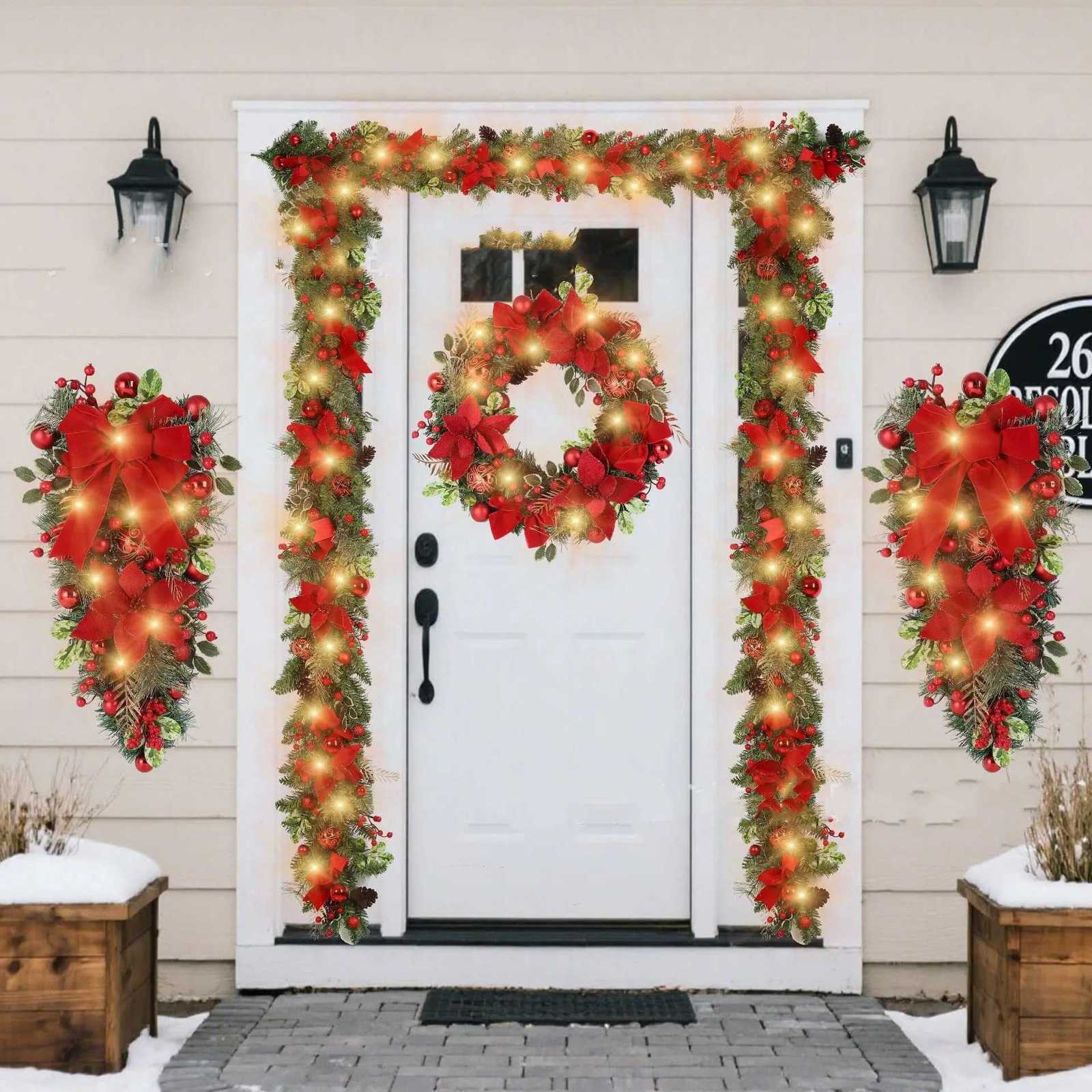 Christmas Decorations Christmas Wreath Rattan Set Bow Flower Garland Wreath For Front Door Hanging Xmas Ornaments New Year DecorM251115