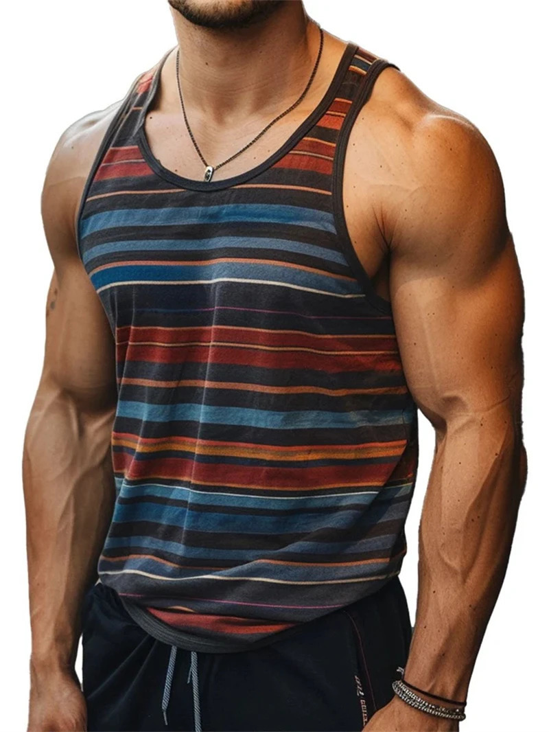 Simple Stripe 3D Printed Tank Tops For Men Fashion Summer Sleeveless Casual Sports Vest Retro Quick Dry Breathable Oversized Tee 250415