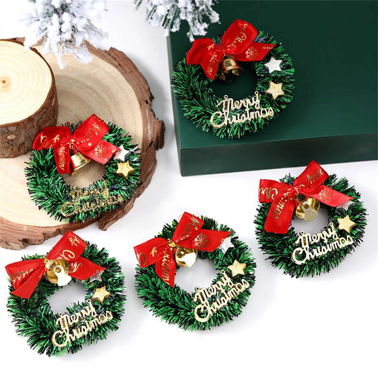 5pc Mini Christmas Wreath with Bow Xmas Tree Decor Mini Door Garland Hanging Ornaments for Thanksgiving New Years Party PendantM251115
