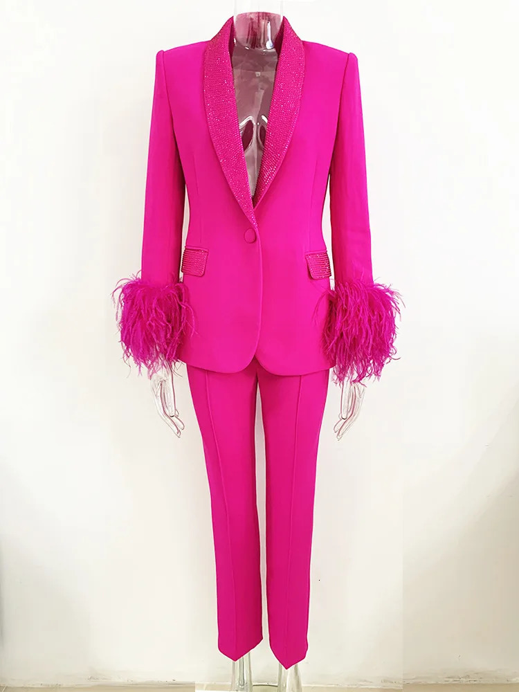 Pink Suits Ostrich Feather Outfits Fashion Feather Embellished Diamond Shawl Collar Jacket Pencil Pants Womens 250410