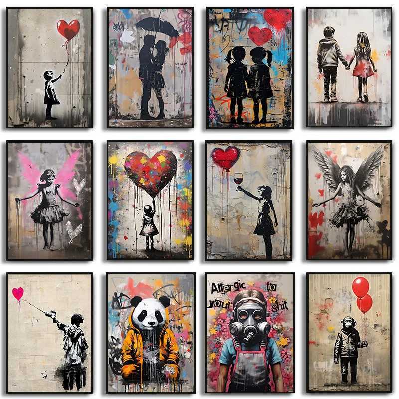 Street Graffiti Art Wall Banksy Boy Girl avec ballon sur toile Affiches et imprimés Peinture pour le salon DÉCORS DÉCOR HOME Z250415