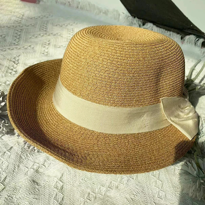 2025 Spring Summer Elegant Bow Sun Hats for Women Foldable Trave Straw Hat Panama Wide Brim Curlable Edge Anti Uv Beach Lady Cap 250407